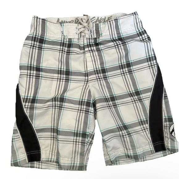 Men’s American Eagle Plaid White And Grey Swim Trunks Size Medium - Picture 1 of 3
